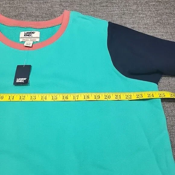 Lands End Womens Sweatshirt 1X Plus Sz Teal Colorblock Serious Sweats Pullover - Picture 2 of 10